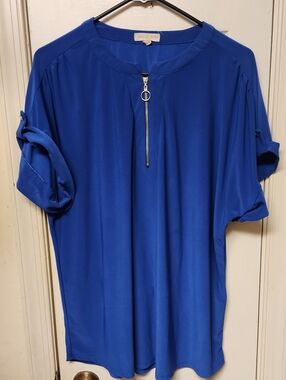 Women's Royal Blue Zip-Front Roll-Sleeve Blouse
